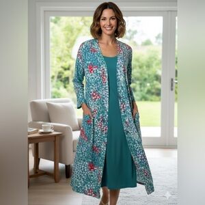Midnight by Carole Hochman Teal and Pink Floral Robe Set 95% Polyester 5%Spandex
